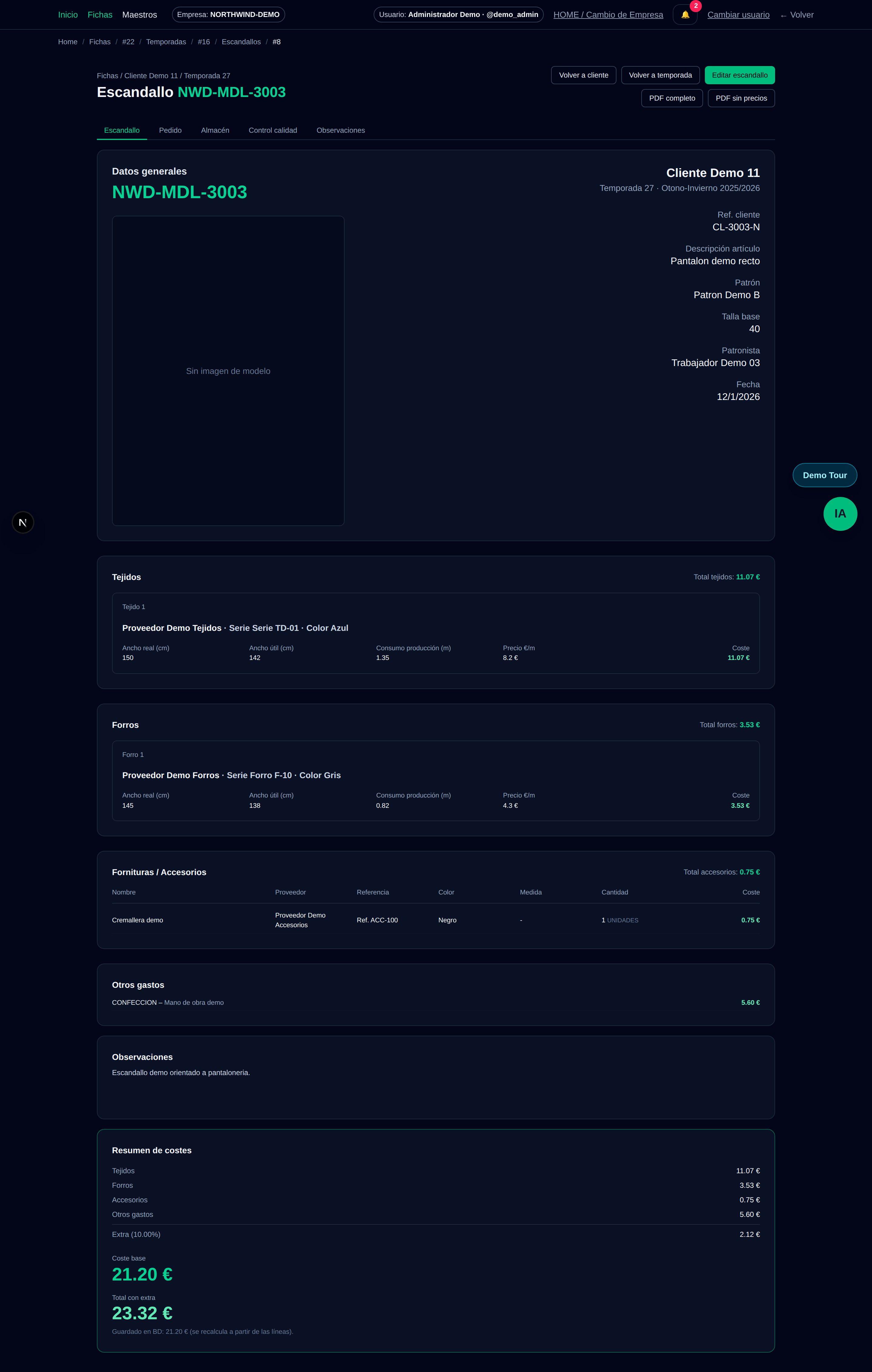 Textile ERP escandallo detalle